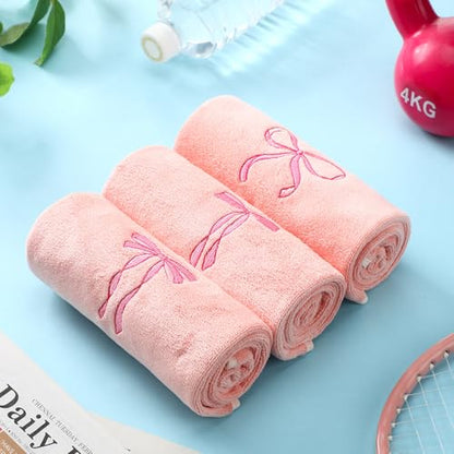 3 Pcs Bow Microfiber Gym Towels Coquette Embroidered Bow Bigger Size Soft Quick Drying Towels 14 x 31 Inches for Gym Exercise Fitness Sports Workout Spa Bathroom Kitchen Women Gifts