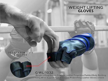 Premium Cowhide Leather Weight Lifting Gloves - Fingerless, Padded, Long Wrist Support, Gym Workout, Powerlifting, Bodybuilding, Fitness, Unisex Design for Men & Women