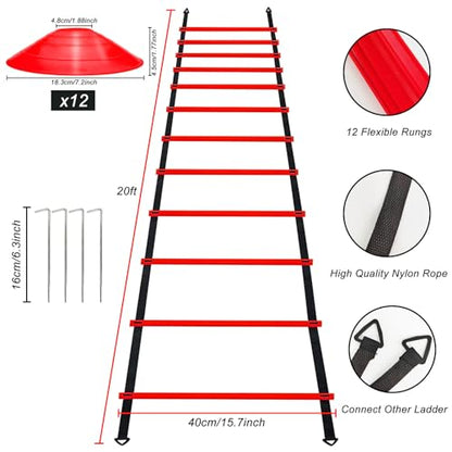 Professional Agility Ladder Speed Training Equipment Set-20ft Agility Ladder,12 Soccer Cones, 4 Agility Hurdles, Running Parachute, Suitable for Soccer Football Basketball Training