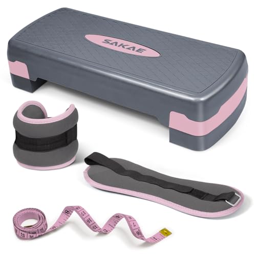 Adjustable Height Aerobic Stepper Set, Multiple Bundle Options with Dumbbells, Kettlebell, Waist Trimmer, Ankle Weights or Weighted Vest, Workout Exercise Step Platform w/Level Risers, 4 Colors - color: Pink Grey, size: c. W/ Ankle Weights