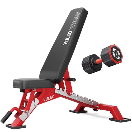YOLEO Commercial Adjustable Weight Bench 2315LB ASTM Certified – 80% Pre-Assembled Heavy Duty Workout Bench for Home Gym, Decline/Flat/Incline Bench Press, 2.4" Thick Pad & 2 Wheels - color: Weight Bench + 1 Dumbbell