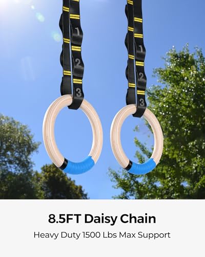 Gymnastics Rings 32mm Wooden Olympic Rings Support 1500lbs Locked Carabiners 9ft Double-Layer Numbered Straps Non-Slip Gym Rings with Foot Straps Door Anchor for Home Gym Full Body Workout - style: 1.25" Carabiners Rings & Daisy Chains Straps & Door Ancho