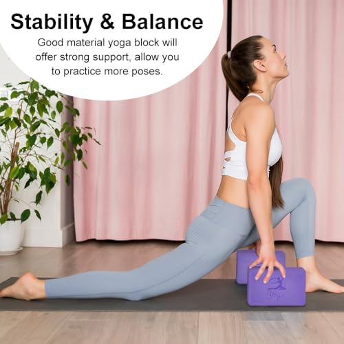 RETON Yoga Blocks Set, High - Density Yoga Block with 2 Strap, Lightweight Foam Brick Yoga Pilates Blocks, Anti-Slip Yoga Brick with Embossed Design for Posture Adjustment and Movement Assistance - color: Purple