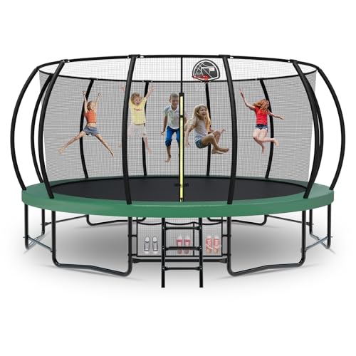 Tatub Large Trampolines Outdoor 10 12 14 15 16FT for Kids and Adults,Outdoor Recreational Pumpkin Trampolines with Curved Poles and Safety Enclosure Net, Basketball Hoop, Ladder - color: Green, size: 16FT with Storage Bag