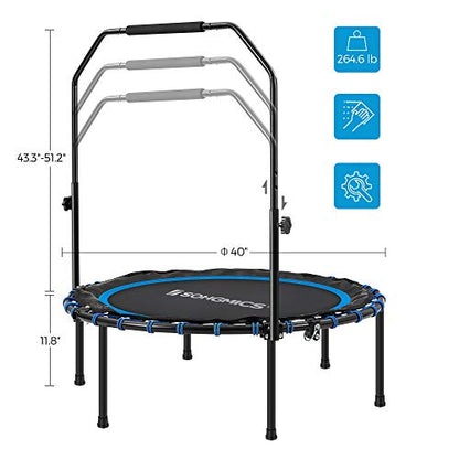 SONGMICS 40 Inches Mini Fitness Trampoline, Fitness Rebounder with Adjustable Handrail, Foldable Trampoline for At-Home Workout, Max. Load 264.6 lb