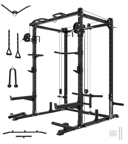 Eonfit E2 Power Cage，1500LB Squat Rack with Cable Crossover System.Multi-Function Power Rack for Home Gym.All-in-One Squat Rack with More Training Attachments