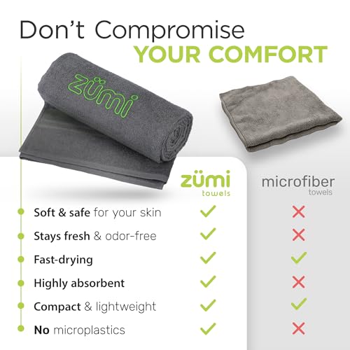 Zumi 100% Cotton Quick Dry Large Travel Towel - Soft, Thin, Compact, Highly Absorbent, Lightweight Camping Towel for Beach, Gym, Bath, Shower, Swimming, Pool, Dorm, RV - Gray - color: Grey Large