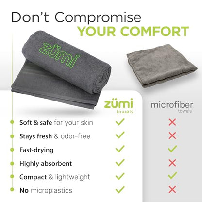 Zumi 100% Cotton Quick Dry Large Travel Towel - Soft, Thin, Compact, Highly Absorbent, Lightweight Camping Towel for Beach, Gym, Bath, Shower, Swimming, Pool, Dorm, RV - Gray - color: Grey Large