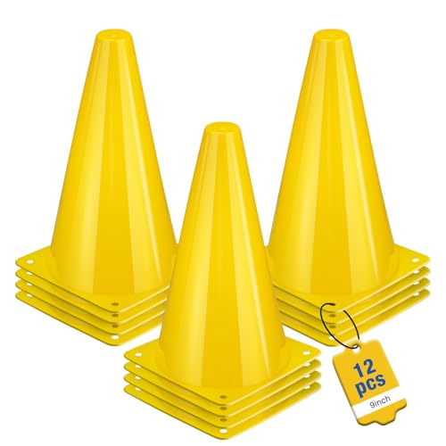 12pcs Cones 9 Inch Soccer Cones and Plastic Traffic Cones, Durable Cones for Sports Training, Ideal for Soccer, Basketball, Football, Skating, and Agility Drills Practice - color: yellow