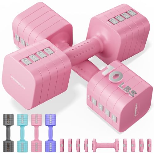 FEIERDUN DB3 5-in-1 Adjustable Dumbbell Set, 6LB/10LB Pair Adjustable Weights for Women at Home, Dual Locking Stable Hand Weights with TPU Soft Handle, Home Gym, Rehab, Pilates, Yoga, Strength Training - color: B-Cute Pink, style: 10LBS Pair (20LBS Total)