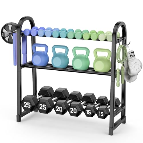 3 Tier Dumbble Rack - 360LB Capacity Adjustable Dumbbell Storage Rack Space-Saving Home Gym Weight Rack For Dumbbells And Kettlebells With Hooks (Dumbbell Rack Stand Only) - size: 29.96''Length