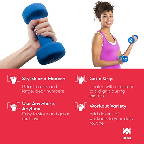 Crown Sporting Goods Set of 2 Body Sculpting Hand Weights - Soft Neoprene Coated Dumbbell Set - Supplies for Exercise, Workout, Weight Loss, Body Building - for Men, Women, Seniors, Teens, and Youth