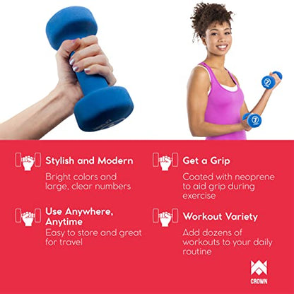 Crown Sporting Goods Set of 2 Body Sculpting Hand Weights - Soft Neoprene Coated Dumbbell Set - Supplies for Exercise, Workout, Weight Loss, Body Building - for Men, Women, Seniors, Teens, and Youth