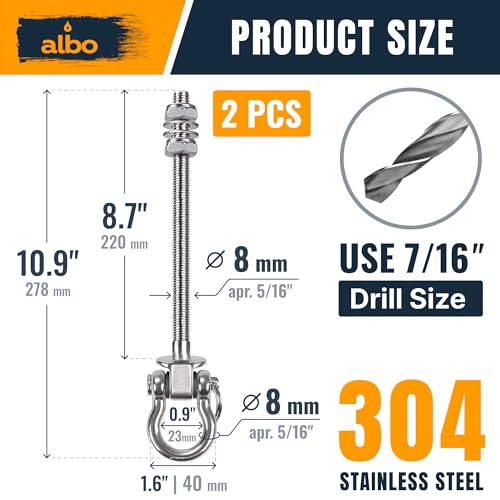 Albo 2 Pack Heavy Duty Swing Hangers – 8.7 Inch, 304 Stainless Steel, 1800 lbs Swivel Hooks for Hammock, Porch, Gym, Punching Bag, Yoga, Playground, Ceiling Mount for Wood & Concrete Indoor Outdoor - size: 8.7'' Bolt 2pcs