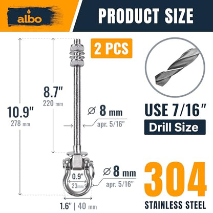 Albo 2 Pack Heavy Duty Swing Hangers – 8.7 Inch, 304 Stainless Steel, 1800 lbs Swivel Hooks for Hammock, Porch, Gym, Punching Bag, Yoga, Playground, Ceiling Mount for Wood & Concrete Indoor Outdoor - size: 8.7'' Bolt 2pcs