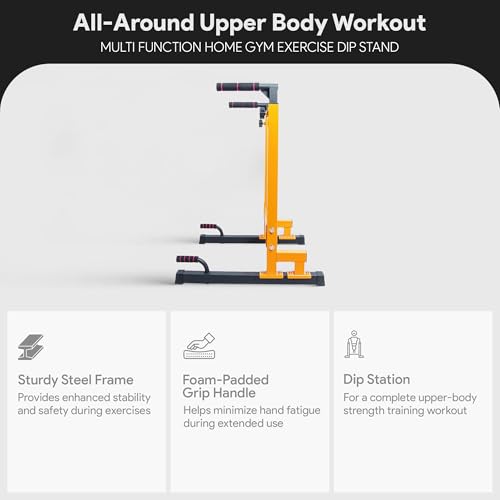 BalanceFrom Steel Frame Dip Station with Adjustable Height, 500 Pound Weight Capacity – Upper Body Workout Home Gym Equipment for Triceps, Push & Pull Ups, Leg Raises, and Bench Press - color: Yellow
