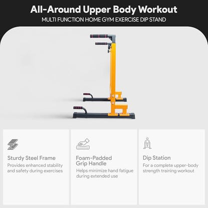 BalanceFrom Steel Frame Dip Station with Adjustable Height, 500 Pound Weight Capacity – Upper Body Workout Home Gym Equipment for Triceps, Push & Pull Ups, Leg Raises, and Bench Press - color: Yellow