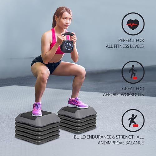 F2C Aerobic Step Exercise Platform Stepper with 4 Risers 16" x 16", Adjustable Height 4"-6''-8''-10''-12" Home Gym Workout Equipment, Fitness Exercise Equipment, Workout Stair Stepper