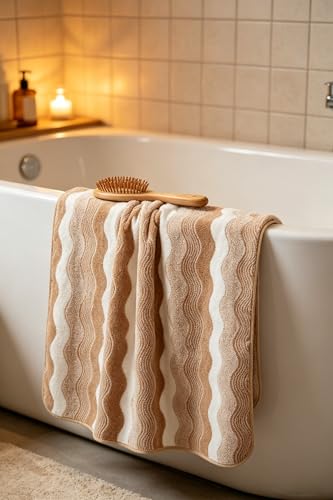 Microfiber Bath Towel 35x70in - Ultra Soft Quick Dry, Lightweight for Gym, Spa, Travel | Hotel Grade & Multi-Use| Single Pack - color: Khaki and White Stripe, size: 35*70 Inches