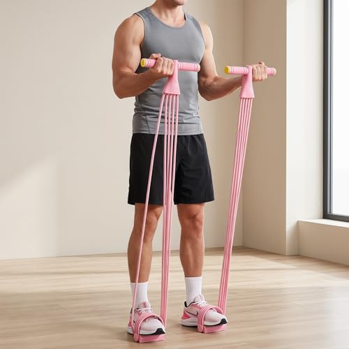 2Pcs Resistance Bands with Pedals, 6-Tube Tension Rope Exercise Equipment with Foam Handles, Sit-Up Pull Rope for Home Workout, Waist, Arm & Core Training Fitness Equipment