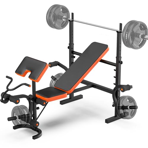 Adjustable Weight Bench, Bench Press with Squat Rack, Olympic Weight Bench for Home Gym, Workout Bench with Preacher Curl Pad and Leg Develope for Full-Body Strength Training