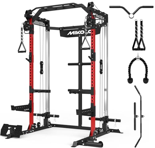 Mikolo Power Cage, 2000LB Power Rack with Independent Dual Pulley System, Multi-Function Home Gym Workout Machine for Cable Crossover and Squat - color: Red, size: Power Cage Only