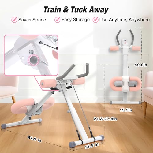 Ab Machine, Ab Workout Equipment, Adjustable Core & Ab Trainer Machine with Resistance Bands for Home Gym, Foldable, Knee Protection, Abdominal Exercise Equipment for Stomach Workout (Pink)