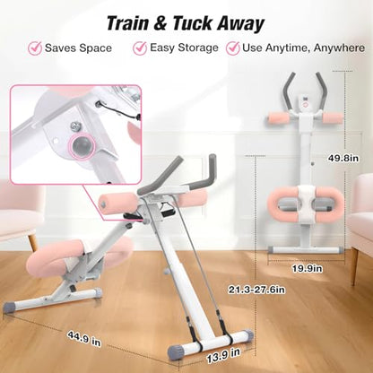 Ab Machine, Ab Workout Equipment, Adjustable Core & Ab Trainer Machine with Resistance Bands for Home Gym, Foldable, Knee Protection, Abdominal Exercise Equipment for Stomach Workout (Pink)