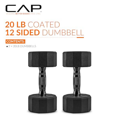 CAP Rubber Coated Dumbbell Weights, Free Weights for Home Gym Strength Training, Anti-Roll Hex Dumbbells with Black, Chrome & Comfort Grip Handles, Pairs & Sets - size: 20 lb - Pair, style: 12-Sided - Black Handle