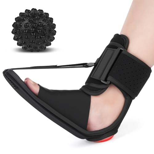 Upgraded Plantar Fasciitis Night Splint with Massage Ball for Foot Pain Relief Causing by Plantar Fasciitis, Achilles Tendonitis, Heel Spur, Comfortable & Easy-to-use Brace for Men & Women, Black Large