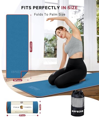 HAPBEAR Hot Yoga Towel with Non-Slip Grip Dots, 72" x 24" - Super Absorbent, Soft Microfiber Yoga Mat Towel for Bikram, Gym, Pilates - Blue