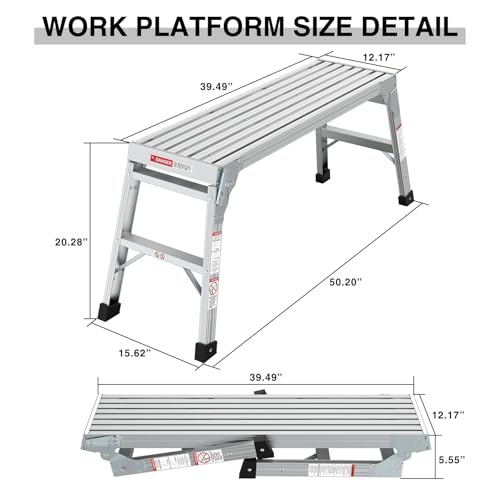 Folding Aluminum Work Platform & Heavy Duty Platform Step Ladder for Home, Portable Aluminum Step Stool & Aluminum Bench with Non-Slip Rubber Feet,225lbs (with No-Telescopic Legs)