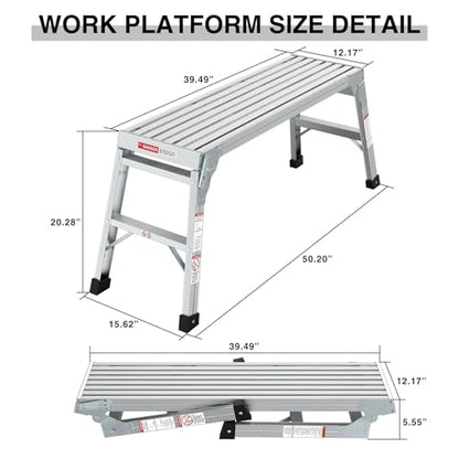 Folding Aluminum Work Platform & Heavy Duty Platform Step Ladder for Home, Portable Aluminum Step Stool & Aluminum Bench with Non-Slip Rubber Feet,225lbs (with No-Telescopic Legs)