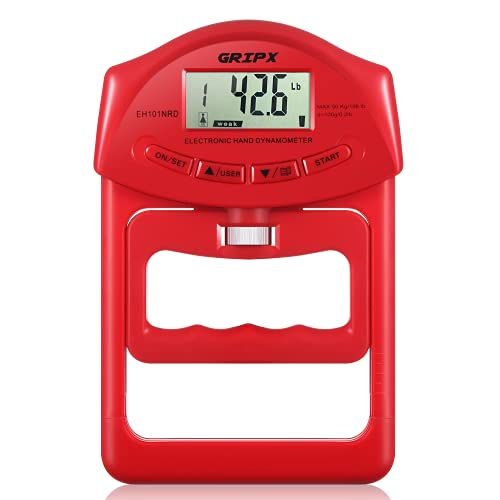 Digital Hand Dynamometer Grip Strength Measurement Meter Auto Capturing Electronic Hand Grip Power 198Lbs / 90Kgs - color: Red