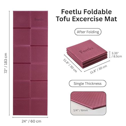 Foldable Yoga Mat, 72" x 24", 6mm Thick, Lightweight & Non-Slip - color: Maroon