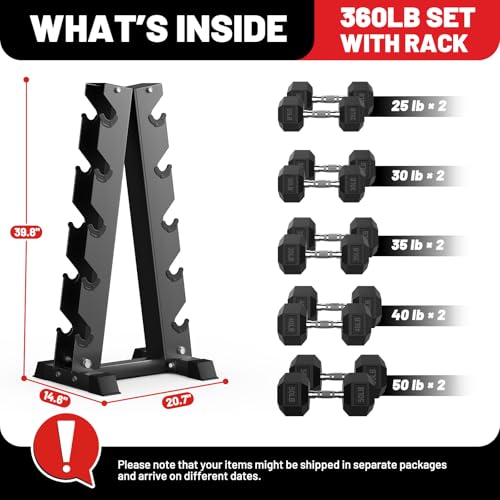 PAPABABE Hex Dumbbell Sets with Rack, 100-600lb Rubber Coated Dumbbell Weight Set and Storage Rack, Multiple Options Hand Weights for Strength Training - style: 360lb Set (Pair of 25, 30, 35, 40, 50lb)