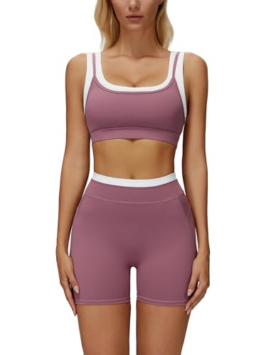 ABOCIW Womens Layerd Workout Sets Square Neck Sports Bra Tummy Control High Waist Biker Shorts Yoga Pilates Outfits - color: Bean, size: Large