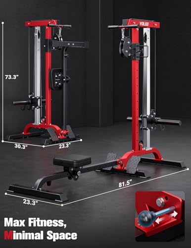 YOLEO 2-in-1 Adjustable Rowing Cable Machine & LAT Pulldown Station for Home Gym, Foldable Space Saver with 6 Attachments, Supports 450 Lbs Weight Plates