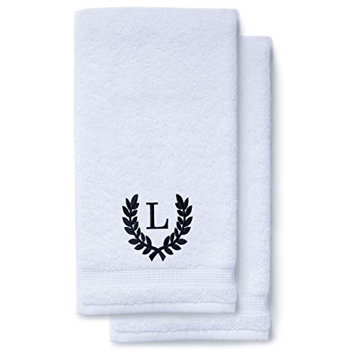 Decorative and Monogrammed Hand Towels for Bathroom Kitchen Makeup | Personalized Gift for Wedding-Bridal | Roman Font Custom Luxury Turkish Towel | Spa Collection, Oversized, 16 X 30 Inch, Set of 2 - color: Navy Blue, size: Initial L