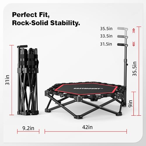 EAST MOUNT 42" Foldable Mini Trampoline for Adults, Quiet Fitness Rebounder with Adjustable Handle, No-Assembly Indoor Exercise Trampoline, 450LBS Capacity