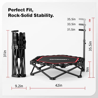 EAST MOUNT 42" Foldable Mini Trampoline for Adults, Quiet Fitness Rebounder with Adjustable Handle, No-Assembly Indoor Exercise Trampoline, 450LBS Capacity