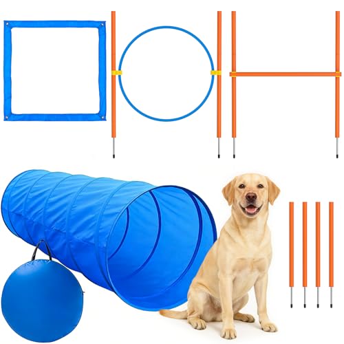 Dog Agility Course Backyard Set, Dog Obstacle Course Training Starter Kit Pet Outdoor Game with Tunnel, Agility Hurdle, Weave Poles, Jump Ring, Pause Box, Collapsible Dog Bowls and Storage Bag