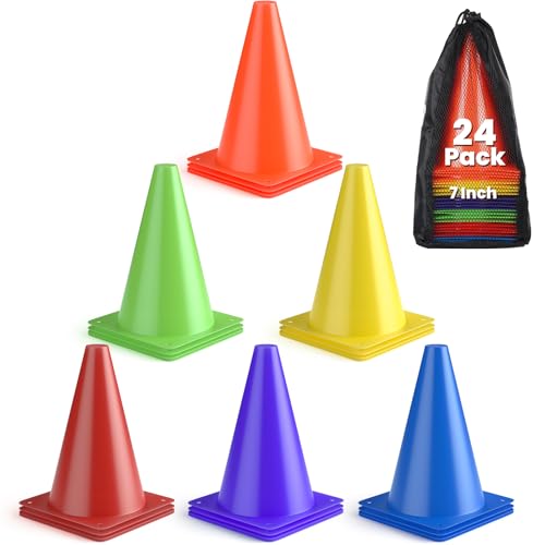 GHB Soccer Cones 7" 9" of 12 24 Pack Disc Soccer Sport Cones Training Field Marker Agility Cones for Basketball, Coaching, Practice Equipment Includes Drills Guide