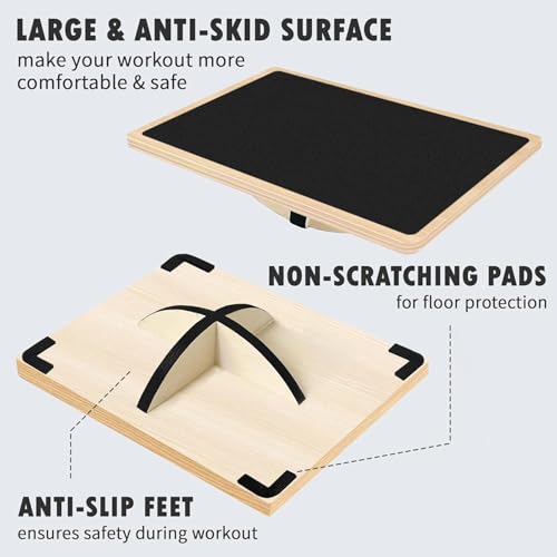 Wooden Wobble Board, Anti Fatigue Nonslip Board, 15 Inches Stability Boards with Ergonomic Tilt Angle, Textured Balancing Exercise for Improving Balance, and Strengthening Cores