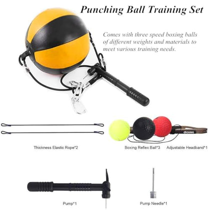 Double End Punching Bag Boxing Striking for Training - Speed Ended Set Includes 3 Reflex Ball Headband and Pump- Portable MMA - color: Yellow