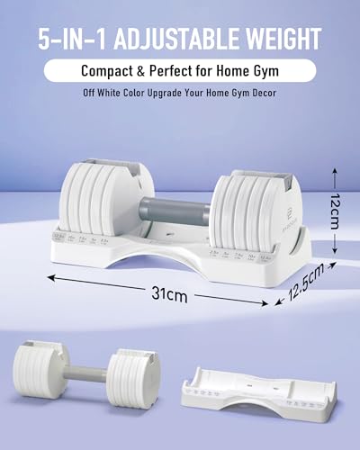 BYZOOM FITNESS Pure Series Adjustable Dumbbell - 12.5/25/27.5/50/55/75lb - ONE UNIT OR PAIR(check QTY before purchase) - 5-in-1/ 10-in-1 / 15-in-1 / 21-in-1 Flexible Hand Weights for Home Apartment Garage Gym, Strength Training & Fitness Workouts, White O