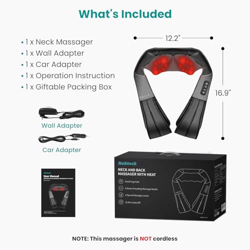 Nekteck Shiatsu Neck Massager with Heat for Pain Relief Deep Tissue, 2026 Upgraded 3D Back Shoulder Kneading Massage Pillow, Relaxation Gifts for Mom Dad Father's Day, Black(NOT Cordless)