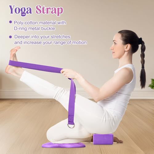 RoundFunny 5 Pcs Yoga Blocks Knee Pads Yoga Strap Set Soft Premium Foam Blocks Accessories for Pilates Meditation General Fitness Stability, Kneeling, Balance, Deepen Stretches and Toning