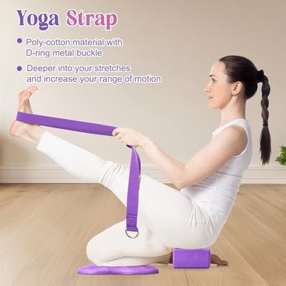 RoundFunny 5 Pcs Yoga Blocks Knee Pads Yoga Strap Set Soft Premium Foam Blocks Accessories for Pilates Meditation General Fitness Stability, Kneeling, Balance, Deepen Stretches and Toning