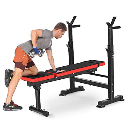 Adjustable Folding Weight Bench,Strength Training Bench for Full Body Workout,Fitness Barbell Rack and Weight Bench for Home Gym (Red)